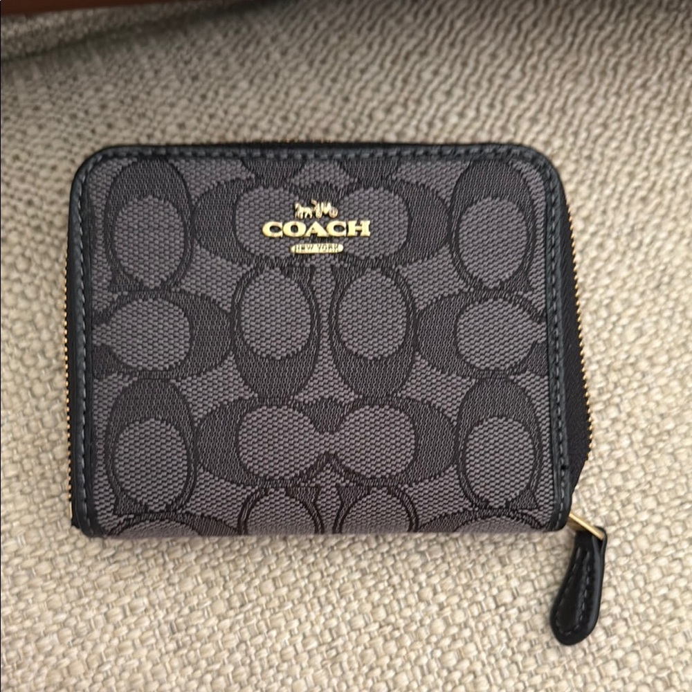 Coach Black small zip around wallet in signature jacquard smoke gold